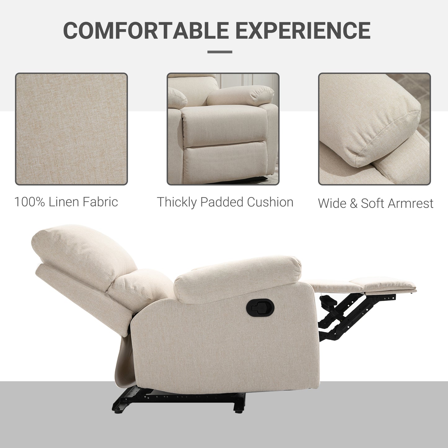 HOMCOM ingle Sofa Chair Double-Padded Manual Recliner Armchair w/Footrest Metal Frame Adjustable Home Seat Bedroom Living Room TV Gaming Beige