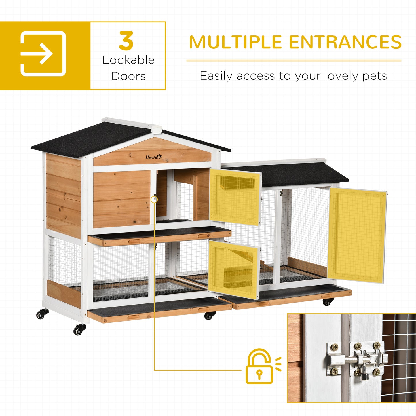 PawHut Rabbit Hutch Outdoor with Run Guinea Pig Hutch 2-Tier Bunny Cage w/ Wheels No-Leak Plastic Tray 157.4 x 53 x 99.5 cm - Yellow