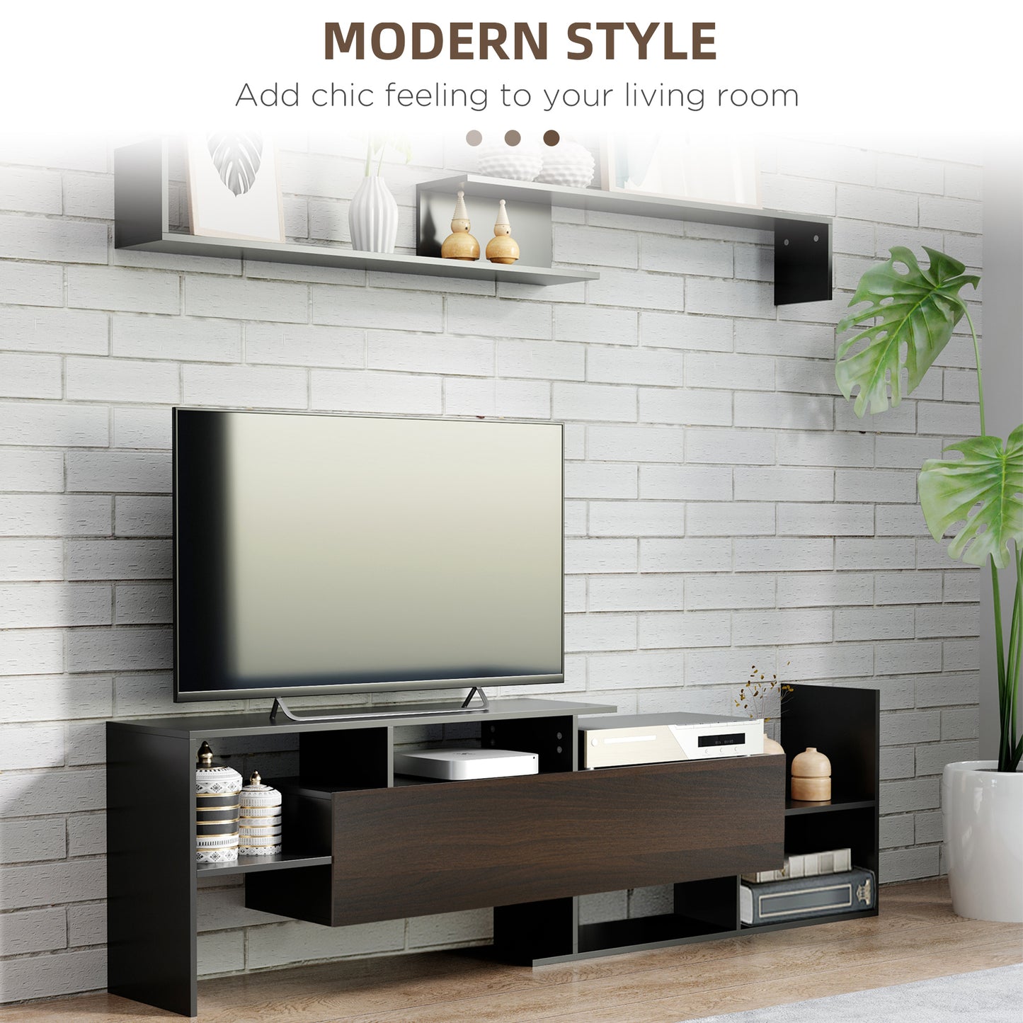 HOMCOM odern TV Cabinet with Wall Shelf, TV Unit with Storage Shelf and Cabinet, for Wall-Mounted 65" TVs or Standing 40" TVs, Black and Dark Brown