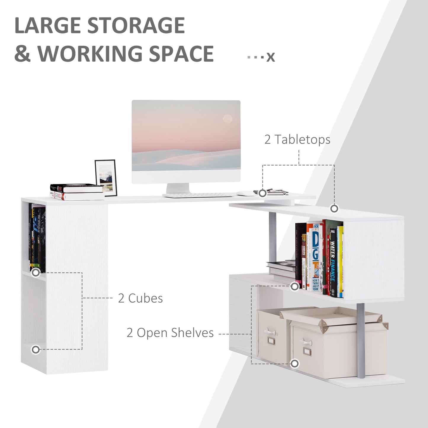 HOMCOM 60 Degree Rotating Corner Desk Storage Shelf Combo Laptop Workstation Wood L Shaped Table Home Office - White