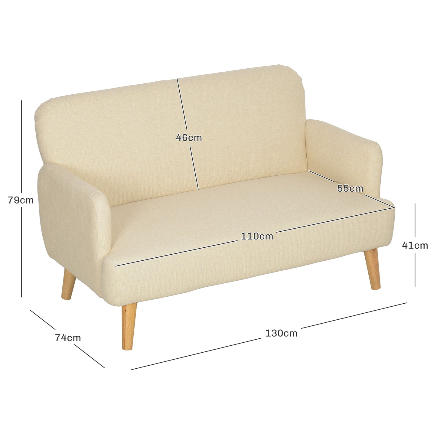 HOMCOM elvet Feel Fabric 2 Seater Sofa, Small Sofa Loveseat with 21cm Thick Padding and Wood Legs, Cream White