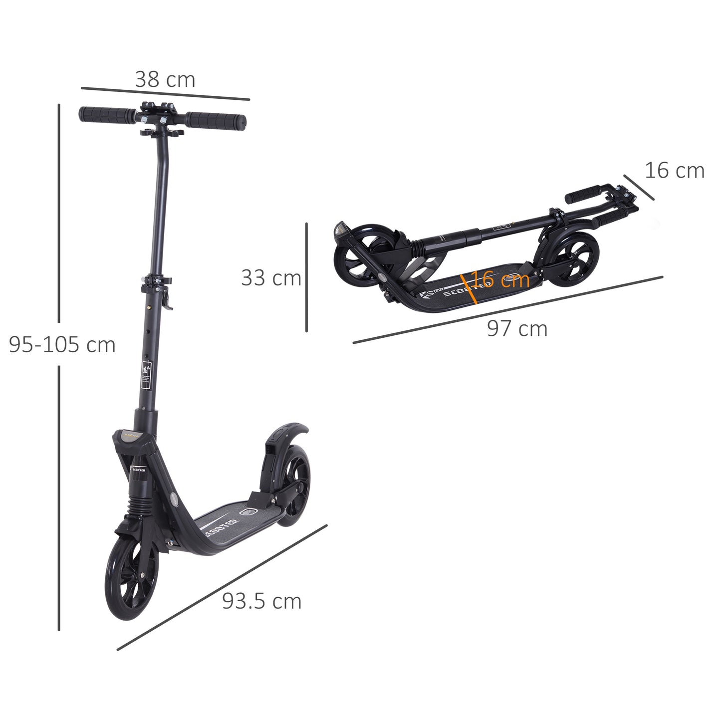 HOMCOM olding Kick Scooter Hight-Adjustable Urban Scooter w/ Rear Brake, Double Shock Absorption System & 2 Big Wheels, For 14+ Teens Adult, Black