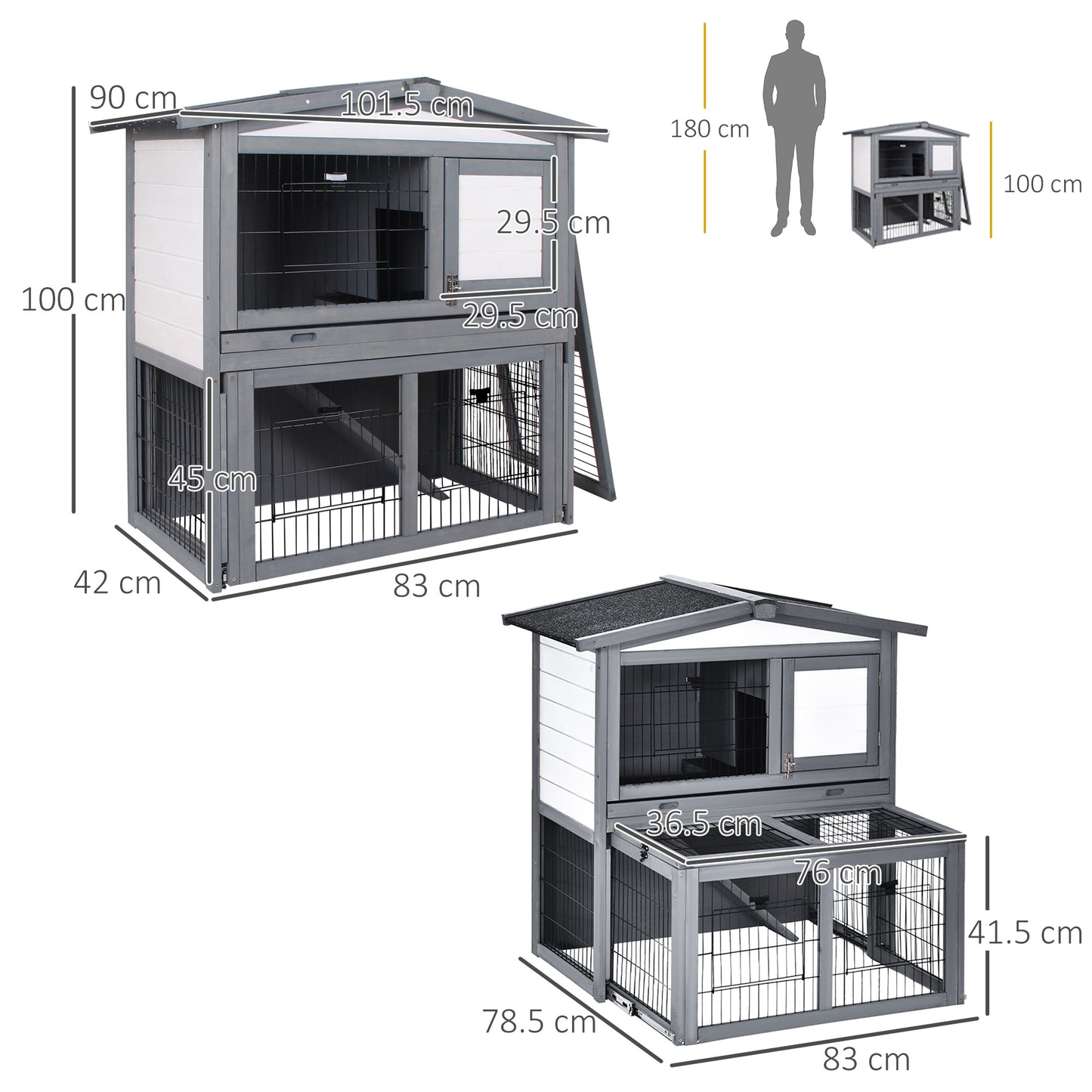 PawHut 2 Tier Wooden Rabbit Hutch Guinea Pig Hutch Small Animal Cage Slide Out Tray Ramp Outdoor Run Openable Roof Grey 101.5 x 90 x 100 cm