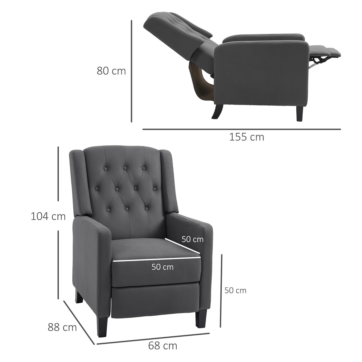 HOMCOM ingback Recliner Chair for Home Theater, Button Tufted Microfibre Cloth Reclining Armchair with Leg Rest, Deep Grey