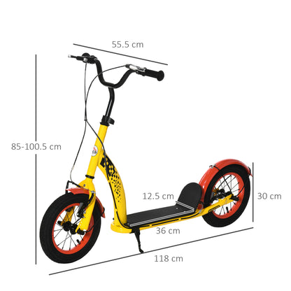 HOMCOM ids Kick Scooter, w/ Adjustable Height, Front Rear Dual Brakes, 12 Inch Inflatable Rubber Wheels, for Ages 5+ Years - Yellow