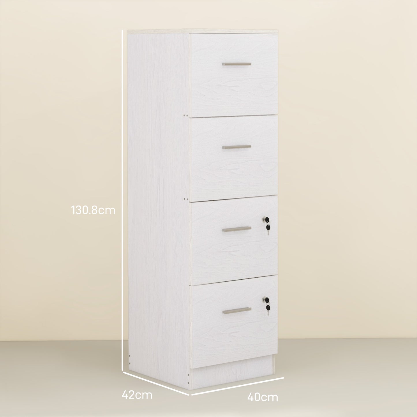 HOMCOM our-Drawer Lockable Filing Cabinet - White Wood Effect