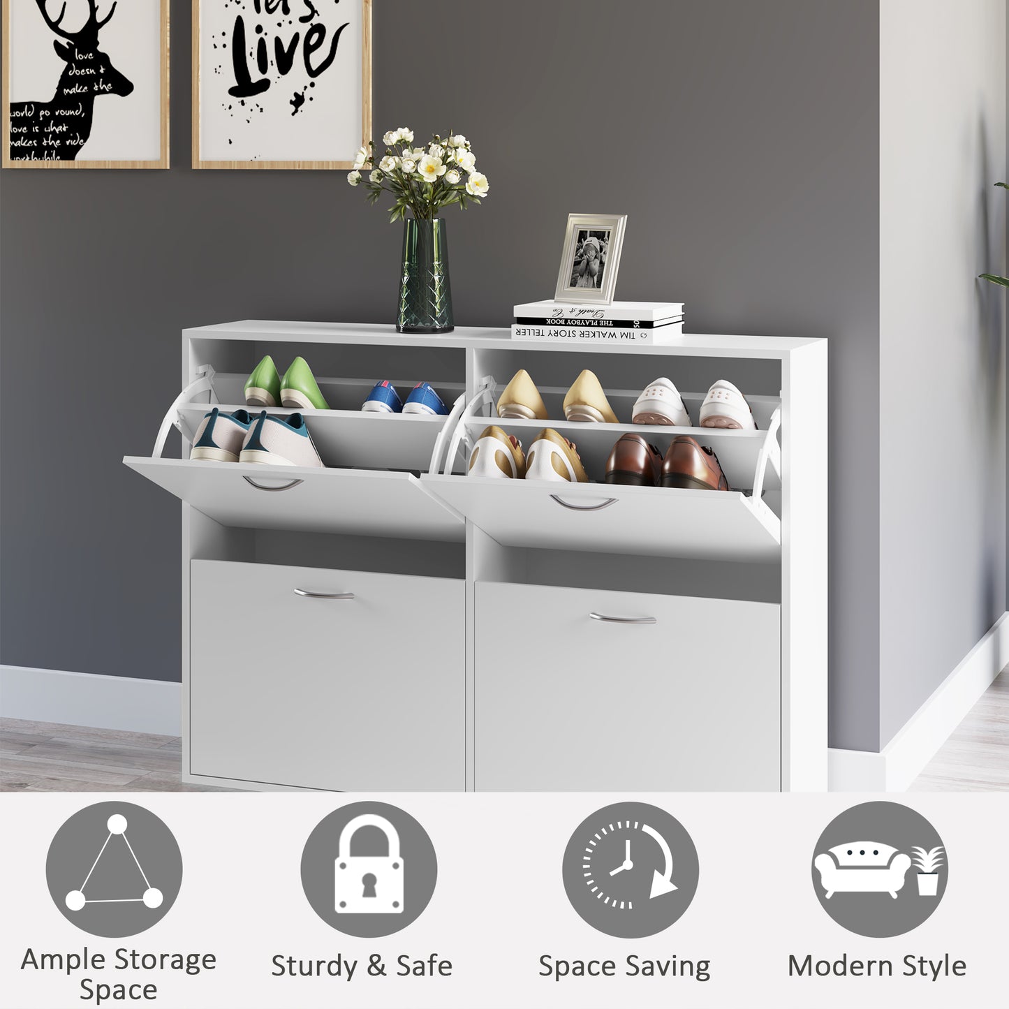 HOMCOM ooden Modern Design 4 Drawer Shoes Cabinet Pull Down Shelf Storage Organiser - White