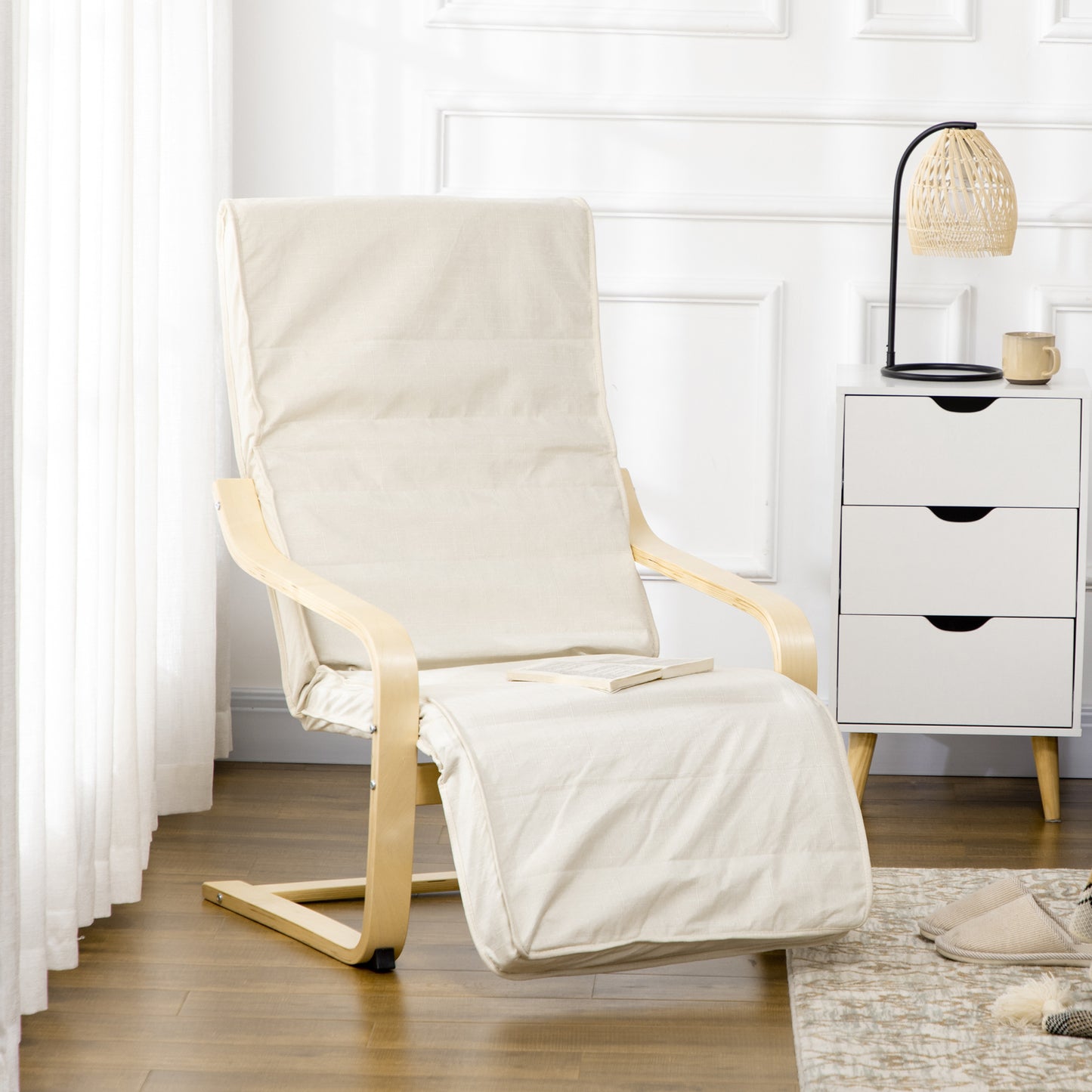 HOMCOM ooden Lounging Chair Deck Relaxing Recliner Lounge Seat with Adjustable Footrest & Removable Cushion, Cream White