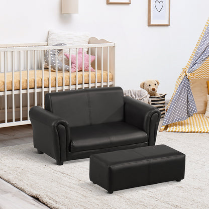 HOMCOM ids Sofa Bed Kids Twin Sofa Toddler Chair 2 Seater Kids Twin Sofa Chair Boys Girls Couch w/ Footstool (Black)