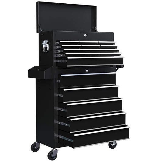 HOMCOM 9 Drawer, Two-Part Tool Storage Chest on Wheels - Black