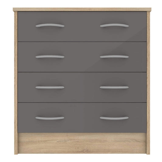 Solihull Oak 4-Drawer Chest with Grey Gloss Front & Metallic Handles - Modern Bedroom Storage