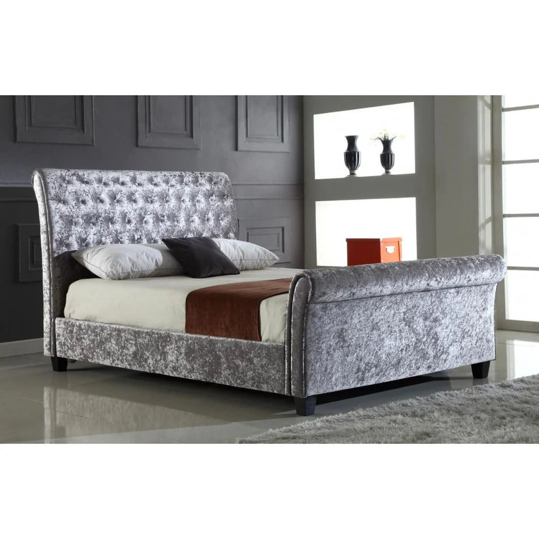 Alistair Aspen Crushed Velvet 4ft6 Double Bed - Silver