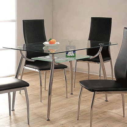 Marlow Glass Top Dining Table with Steel Frame and Wide Glass Shelf - Contemporary Elegance in Clear