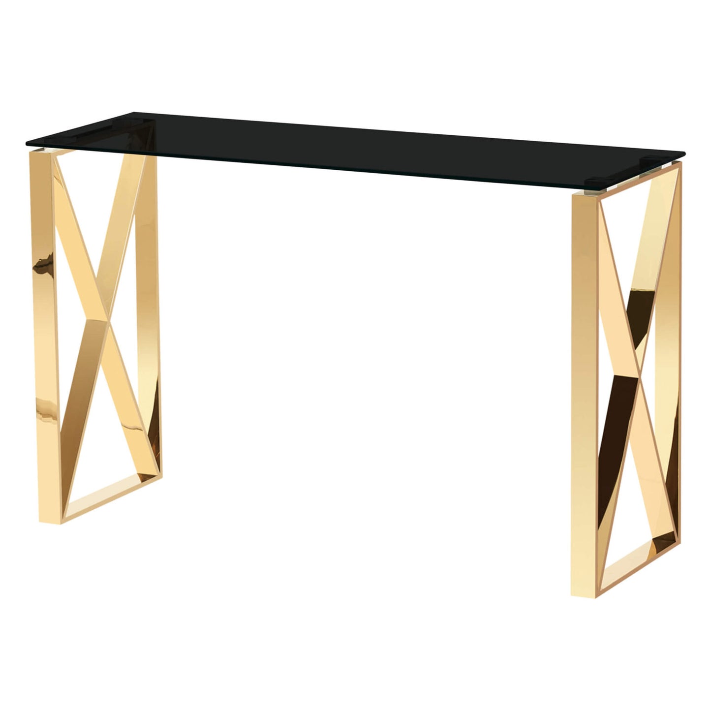 Elegant Black Glass Console Table with Gold Metal Frame - Modern Mishawaka Design