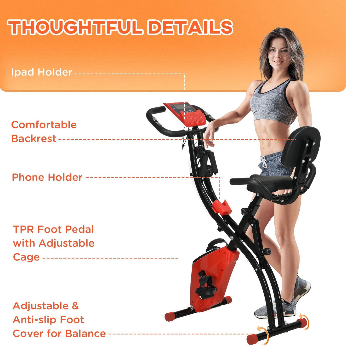 HOMCOM -in-1 Folding Exercise Bike with 8-Level Magnetic Resistance, Arm Resistance Band, Pulse Sensor, Red