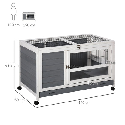 PawHut Indoor Rabbit Hutch Guinea Pig House Wooden Elevated Pet Bunny Cage with Wheels Openable Roof 102 x 60 x 63.5cm Grey