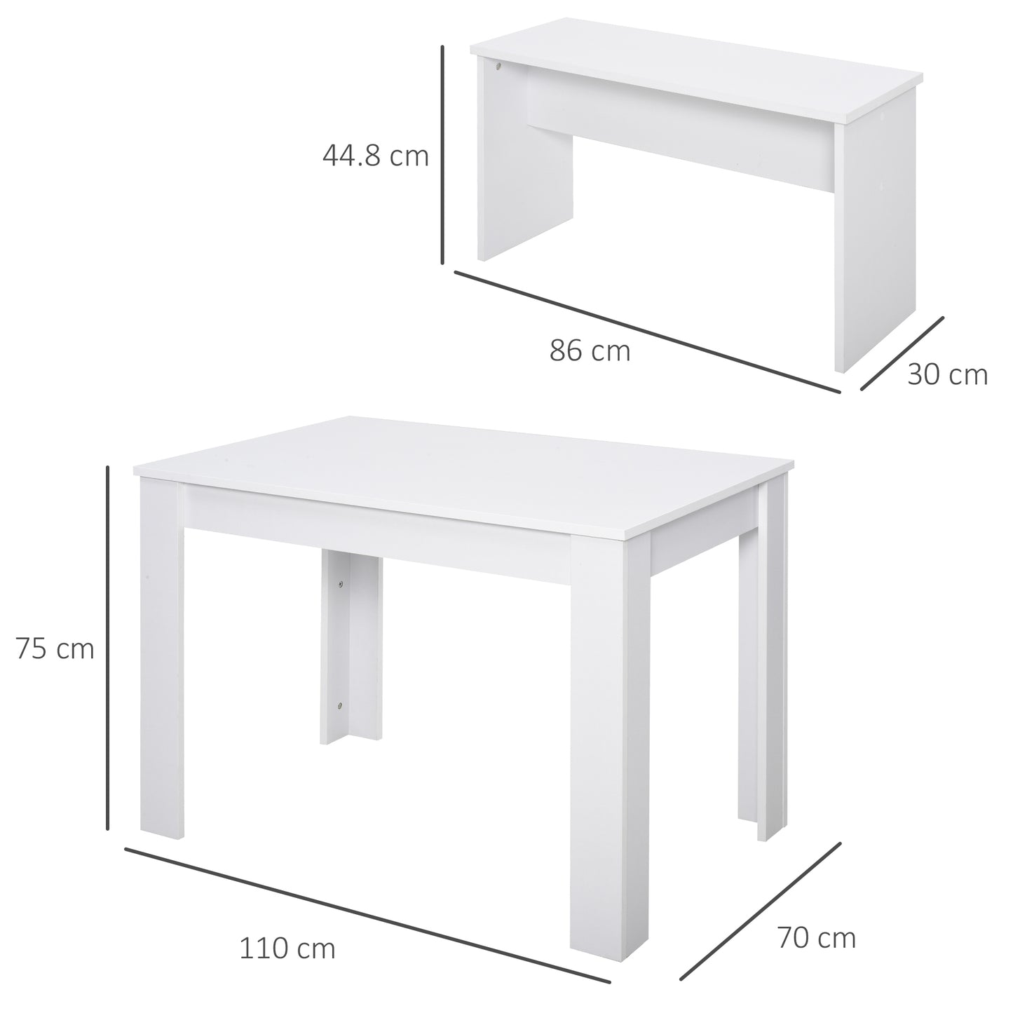 HOMCOM itchen Dining Table and 2 Benches Set, Table and Chairs Set for Limited Space, White