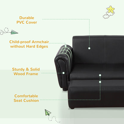 HOMCOM ids Sofa Bed Kids Twin Sofa Toddler Chair 2 Seater Kids Twin Sofa Chair Boys Girls Couch w/ Footstool (Black)