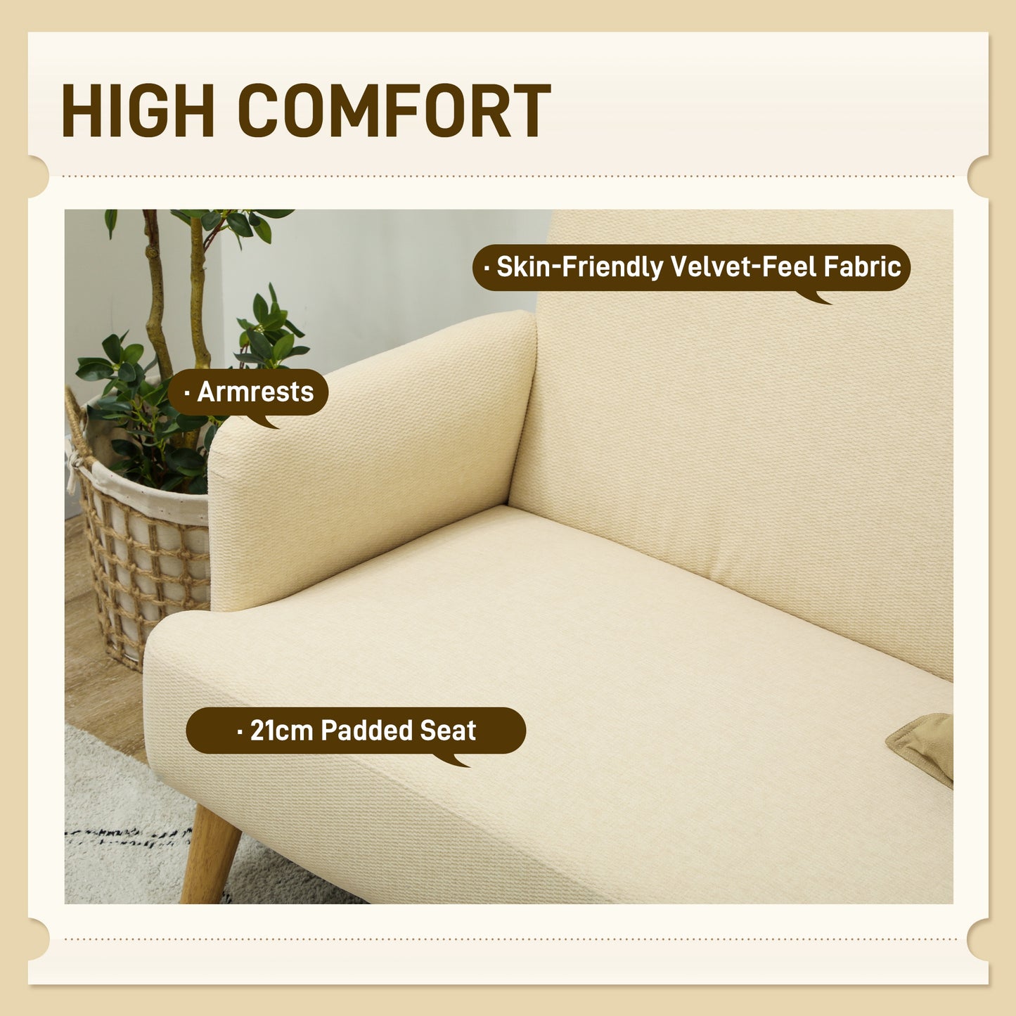 HOMCOM elvet Feel Fabric 2 Seater Sofa, Small Sofa Loveseat with 21cm Thick Padding and Wood Legs, Cream White