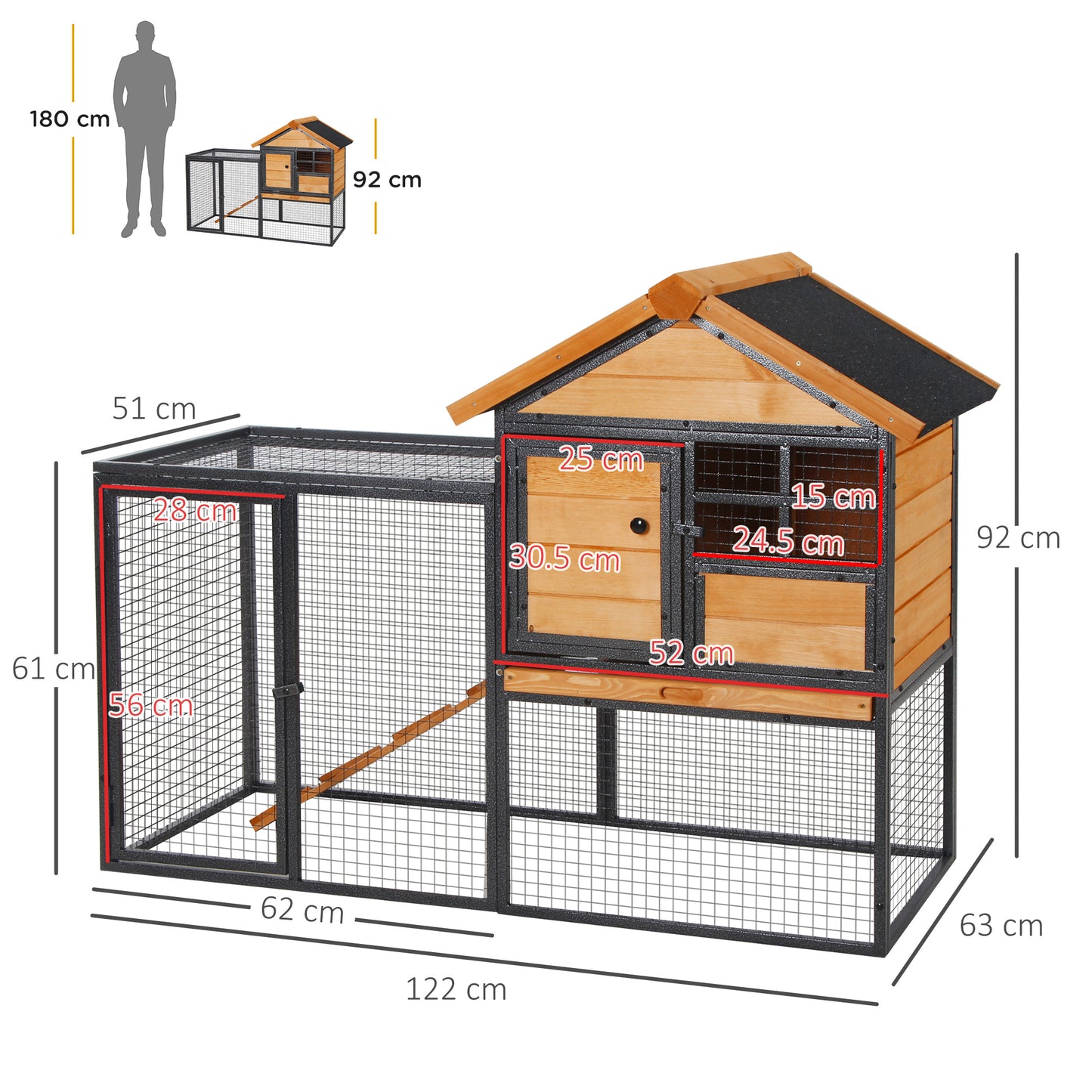 PawHut Rabbit Hutch Guinea Pig Hutch Wood-metal Elevated Guinea Pig House Pet Bunny Cage for Outdoor 122 x 63 x 92cm Light Yellow