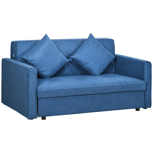 HOMCOM 2 Seater Sofabed, Convertible Bed Settee, Modern Fabric Loveseat Sofa Couch with 2 Cushions, Hidden Storage for Living Room, Guest Room, Deep Blue Fabric