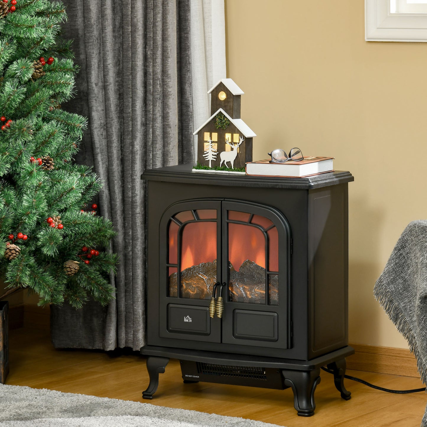 HOMCOM lectric Fireplace Stove Heater with LED Fire Flame Effect, Double Door, Freestanding & Portable with Overheat Protection, 1000W/2000W, Black