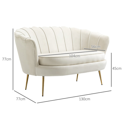 HOMCOM Seater Sofa, Modern Velvet Loveseat Sofa, Fabric Small Couch with Petal Backrest and Gold Steel Legs for Living Room, Bedroom, Cream