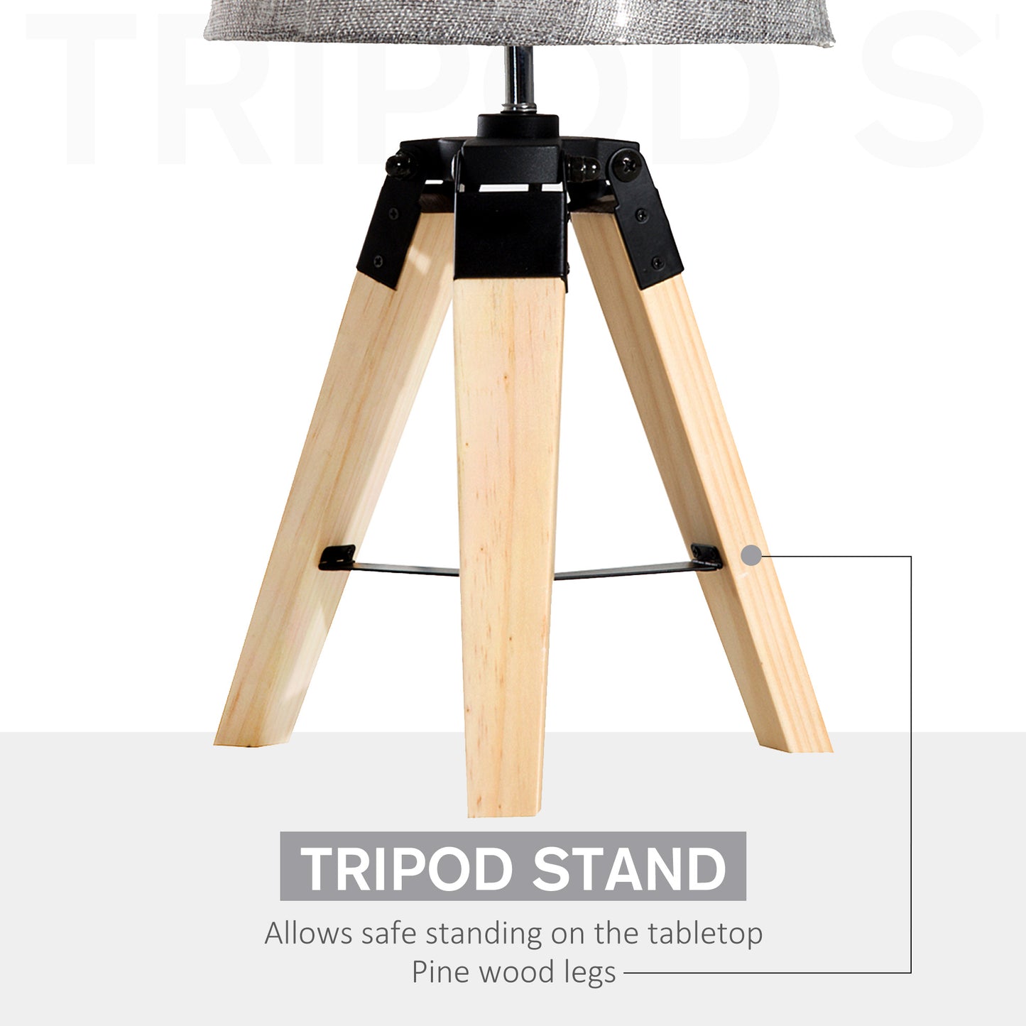 HOMCOM ooden Tripod Table Lamp for Side, Desk or End Table with E27 Bulb Base?Grey Shade?