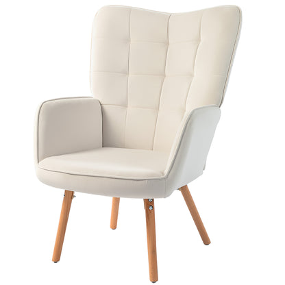 HOMCOM odern Accent Chair Velvet-Touch Tufted Wingback Armchair Upholstered Leisure Lounge Sofa Club Chair with Wood Legs, Cream White