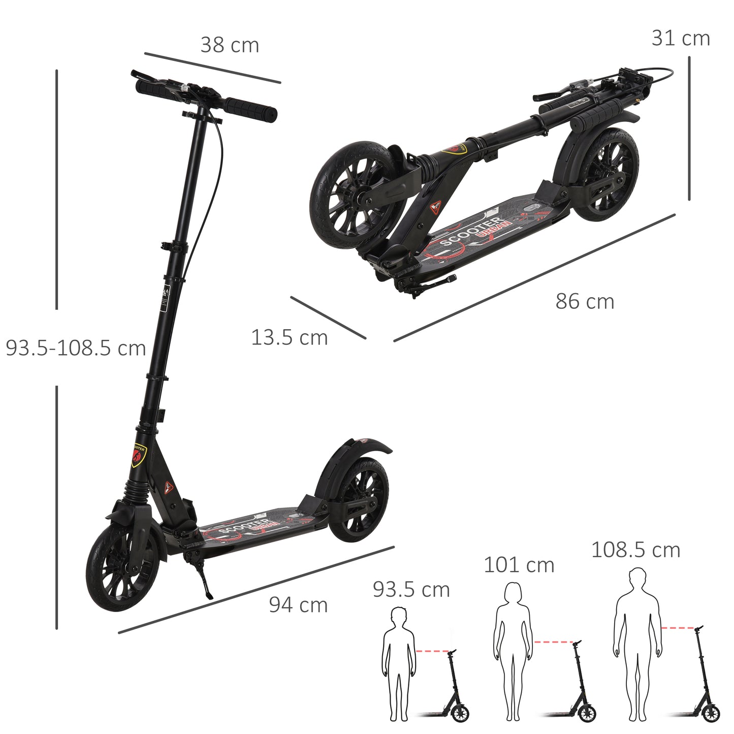 HOMCOM dult Teens Kick Scooter Foldable Height Adjustable Aluminum Ride On Toy for 14+ with Rear Wheel & Hand Brake, Shock Mitigation System - Black