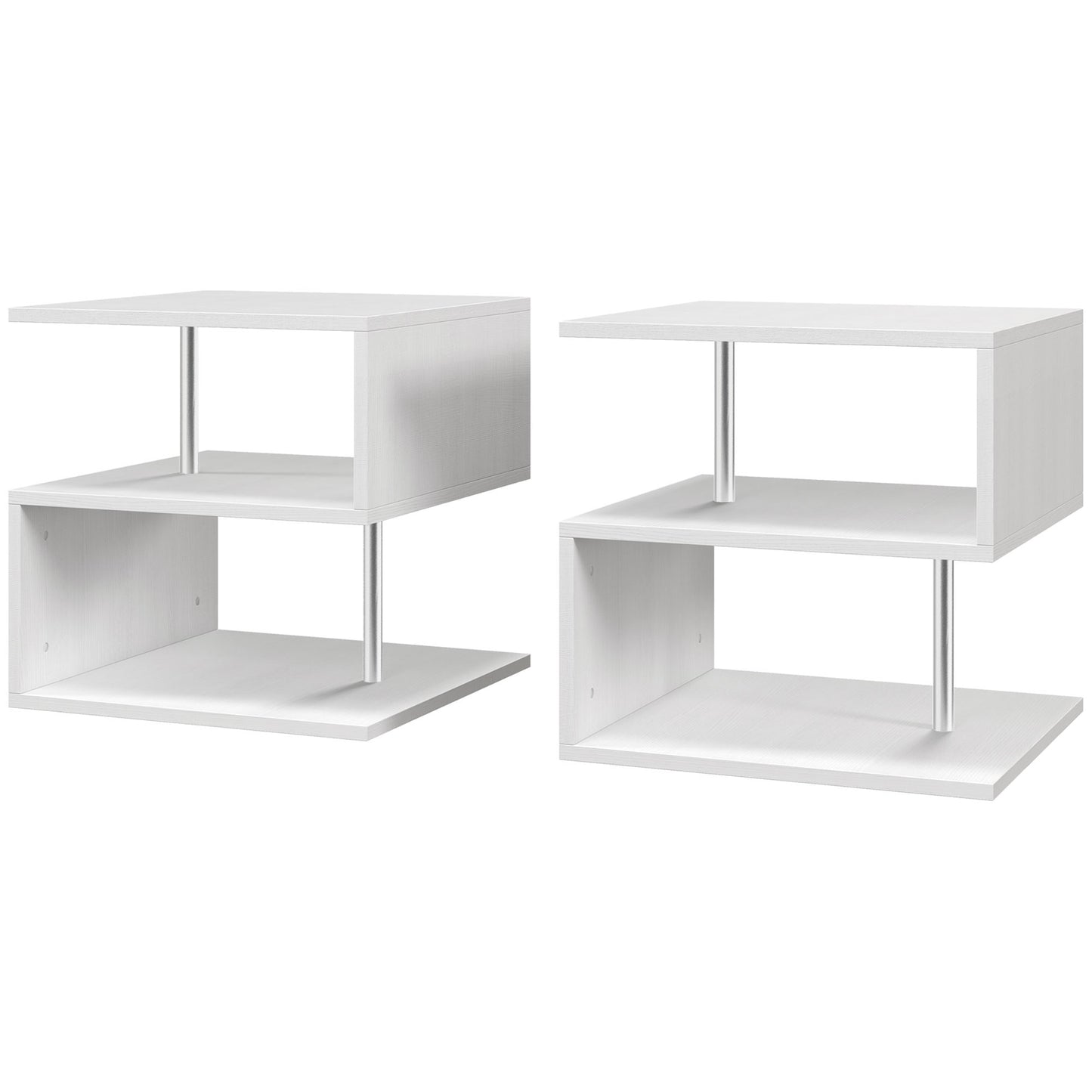 HOMCOM ooden S Shape Cube Coffee Table 2 Tier Storage Shelves Organizer Office Bookcase Living Room End Desk Stand Display Set of 2 (White)