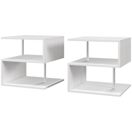 HOMCOM ooden S Shape Cube Coffee Table 2 Tier Storage Shelves Organizer Office Bookcase Living Room End Desk Stand Display Set of 2 (White)