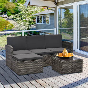 Outsunny 3 Pieces Outdoor PE Rattan Corner Sofa Set with Thick Cushions, Patio Rattan Garden Furniture with Glass Top Coffee Table and Footstool, Grey