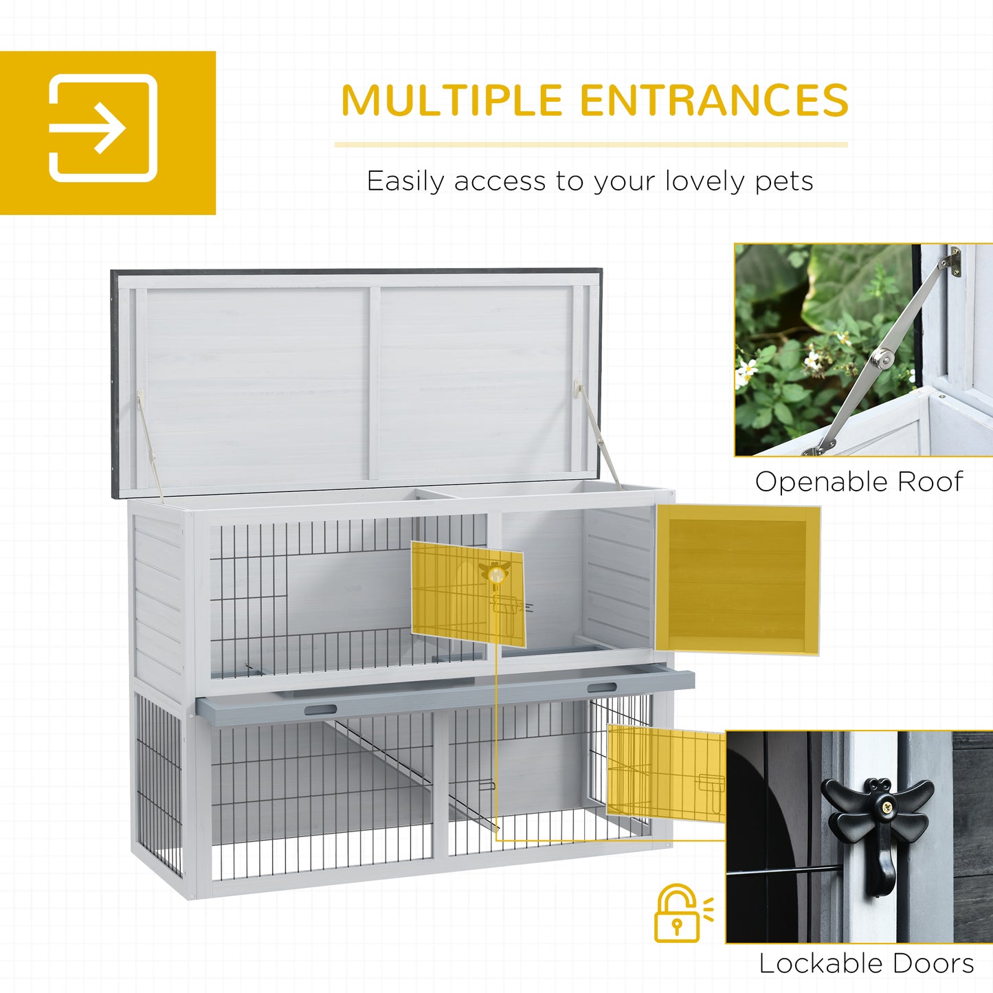 PawHut 2-Tier Wooden Rabbit Hutch Guinea Pig House Bunny Cage Backyard w/ Openable Roof Small Animal House for Outdoor Grey, 108 x 45 x 78 cm