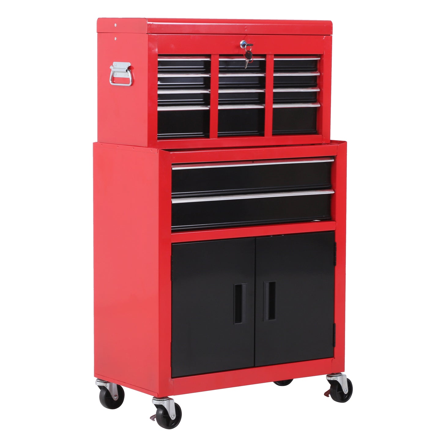 HOMCOM ool Chest, Metal Tool Cabinet on Wheels with 6 Drawers, Pegboard, Top Chest and Roller Cabinet Combo, 61.6 x 33 x 108cm, Red