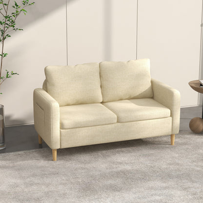 HOMCOM 2 Seater Sofa for Living Room, Modern Fabric Couch with Wood Legs and 2 Pockets for Bedroom and Home Office, Beige