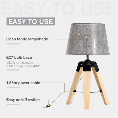 HOMCOM ooden Tripod Table Lamp for Side, Desk or End Table with E27 Bulb Base?Grey Shade?