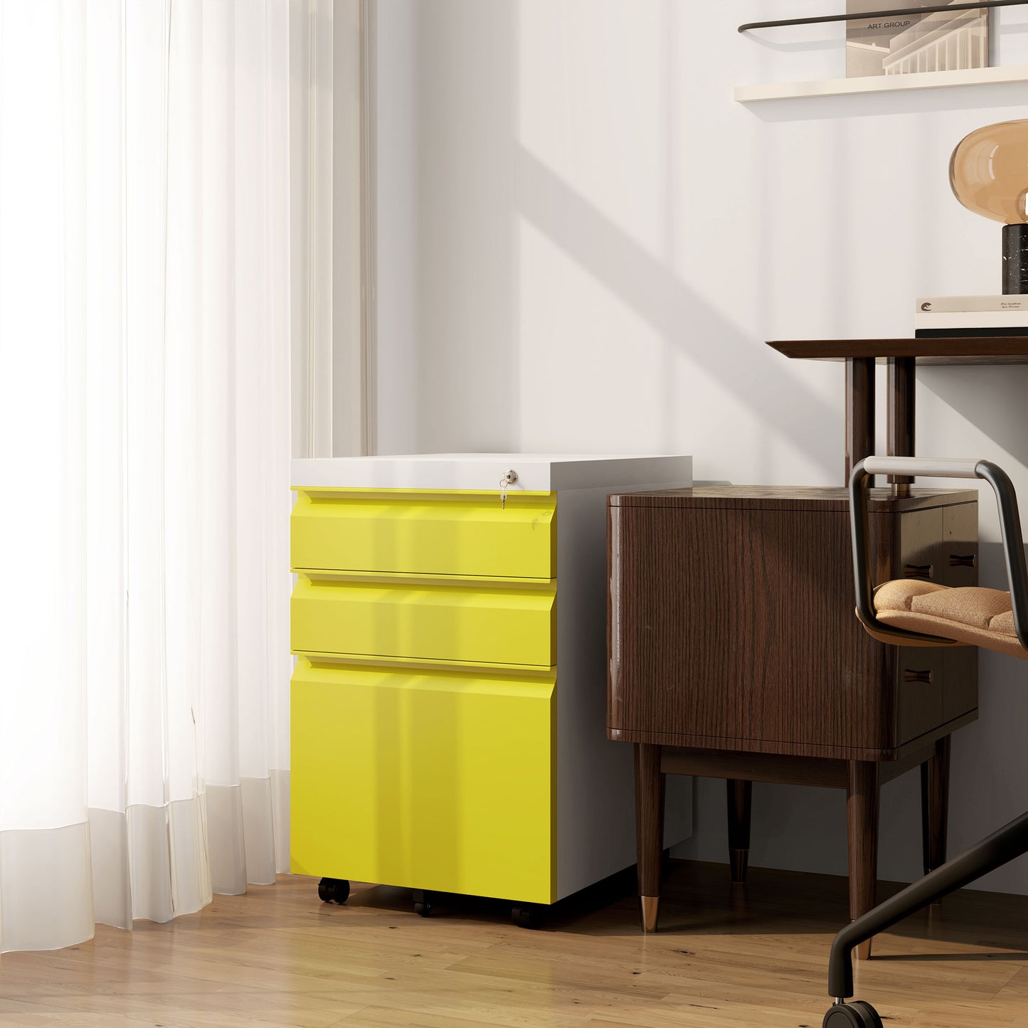 Vinsetto 3 Drawer Filling Cabinet, Mobile Metal File Cabinet with Anti-tilt Design for Letter, A4, Legal Size, Yellow