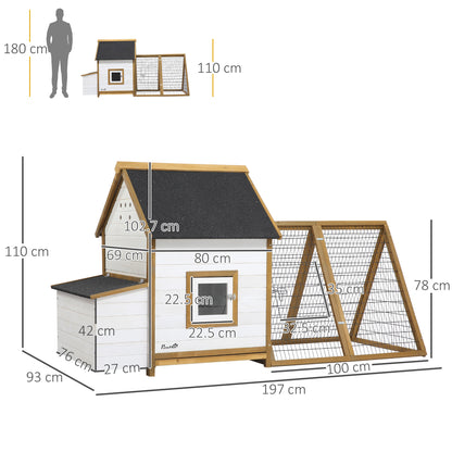 PawHut Chicken Coop, Rabbit Hutch, Hen House, Wooden Poultry Cage with Outdoor Run, Nesting Box, Removable Tray, Window and Lockable Door, 197 x 93 x 110cm