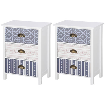 HOMCOM edside Table Set of 2 Chest of 3 Drawers Shabby Chic Nightstands with Metal Handle Sofa Side Table for Living Room, Bedroom,Purple