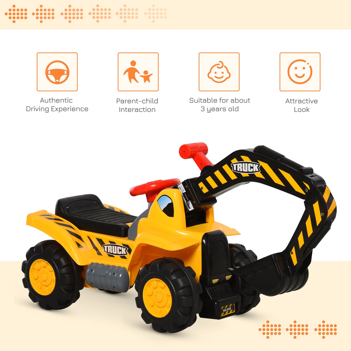 HOMCOM ids Ride On Excavator Digger w/ Storage Basketball Net Steering NO POWER Wheel Vehicle Truck Toy