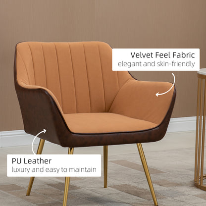 HOMCOM elvet Armchairs, Upholstered Accent Chairs with Golden Steel Legs, Modern Vanity Chairs for Living Room and Bedroom, Light Brown