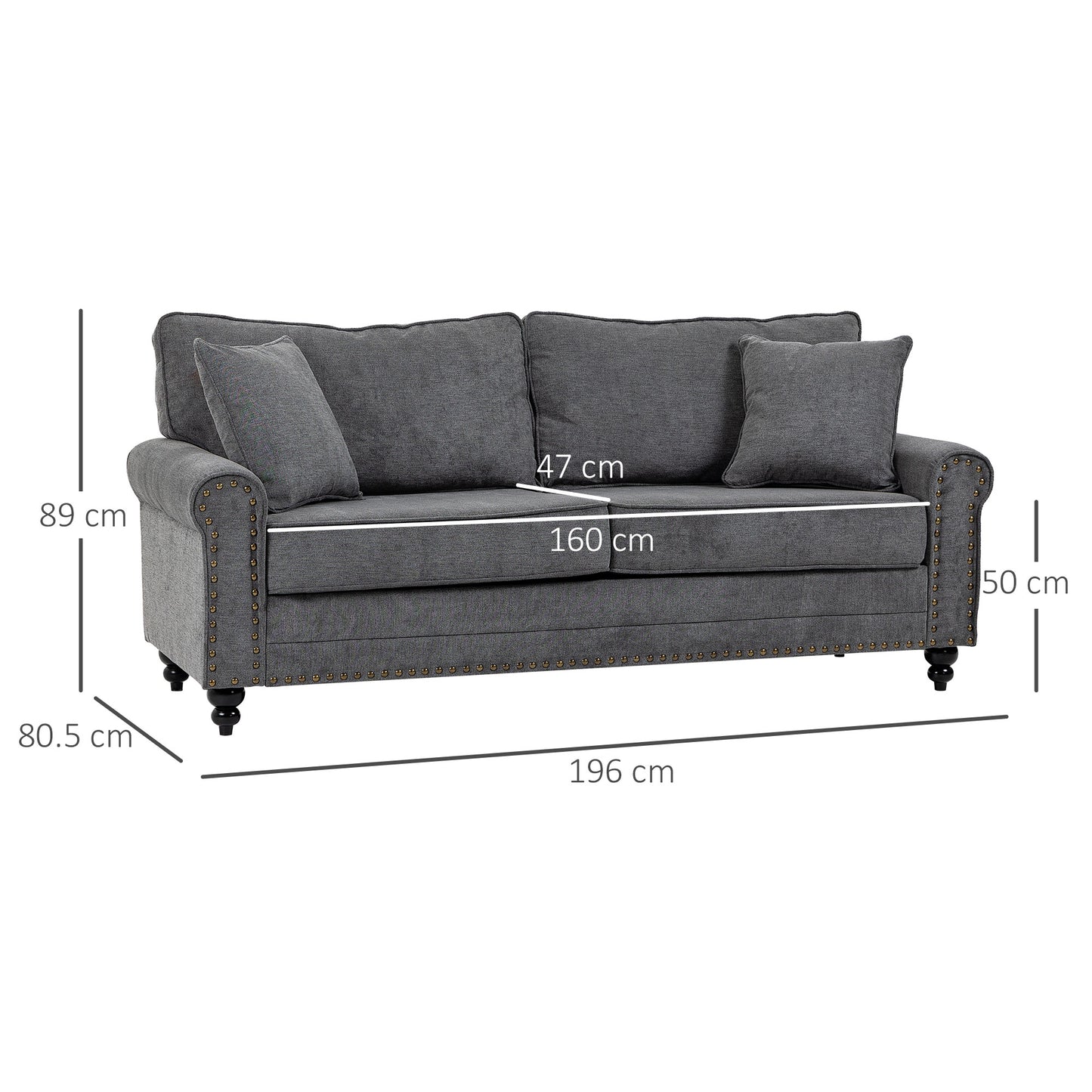 HOMCOM 3 Seater Sofa for Living Room, Fabric Sofa with Felt Mats, Cushions and Pillows, Grey