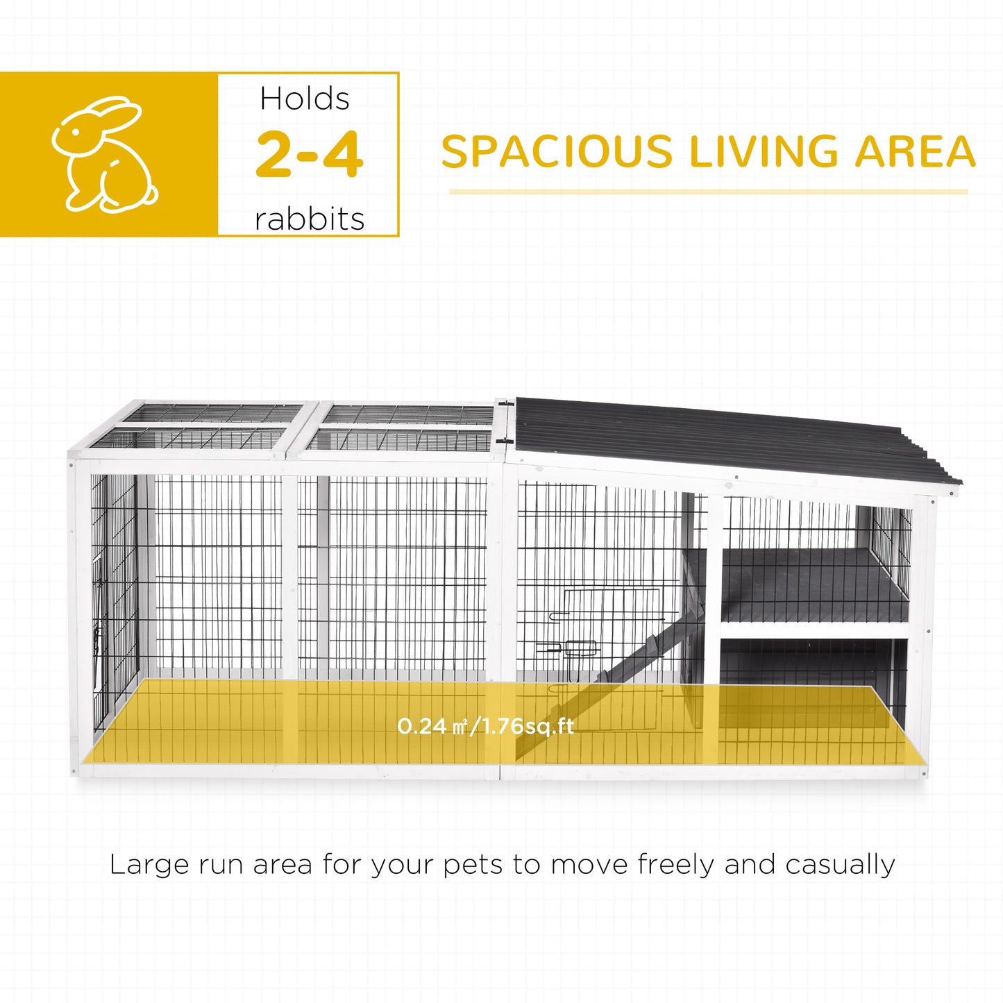 PawHut Rabbit Run Outdoor Rabbit Hutch Wooden Guinea Pig Cage with Openable Roof, Ramp, for 2-4 Rabbits, 200L x 100W x 75H cm - Grey