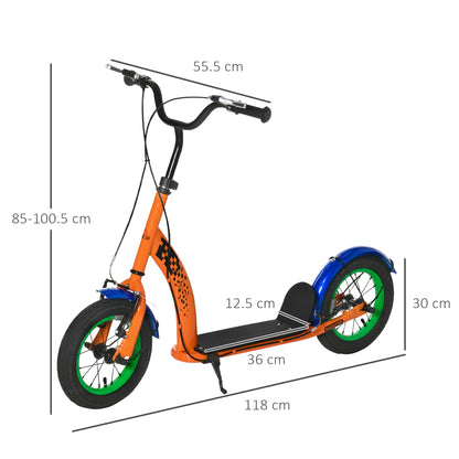 HOMCOM ids Kick Scooter, Push Scooter, Adjustable Height, Front Rear Dual Brakes, 12-Inch Inflatable Rubber Wheels, for 5+ Years, Orange