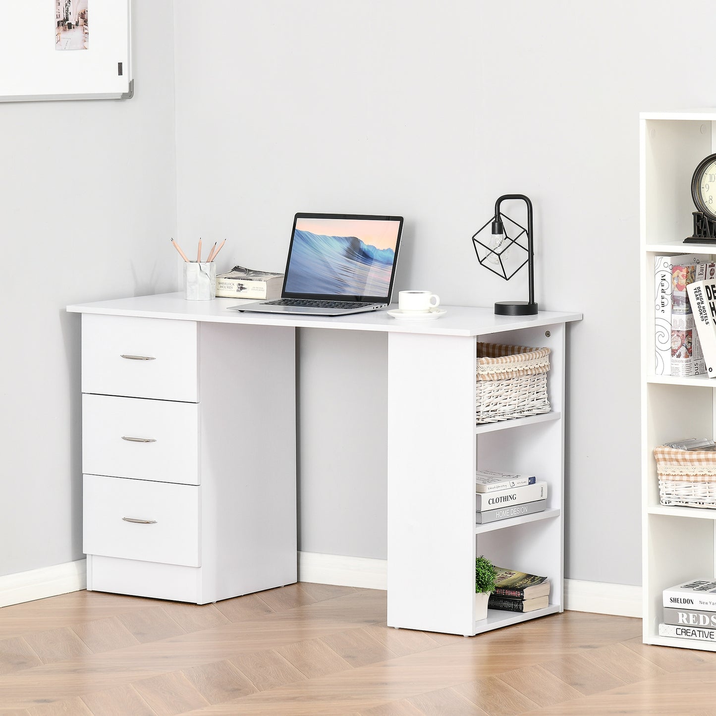 HOMCOM omputer Desk, Writing Table, PC Workstation with 3 Storage Shelves and Drawers, Silver Handle, for Home Office, White