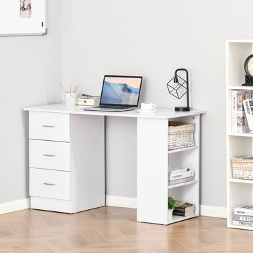 HOMCOM omputer Desk, Writing Table, PC Workstation with 3 Storage Shelves and Drawers, Silver Handle, for Home Office, White