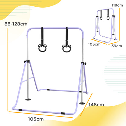 HOMCOM djustable Height, Foldable Kids Gymnastics Bar w/ Non-Slip Mats, for 3+ Years, Purple