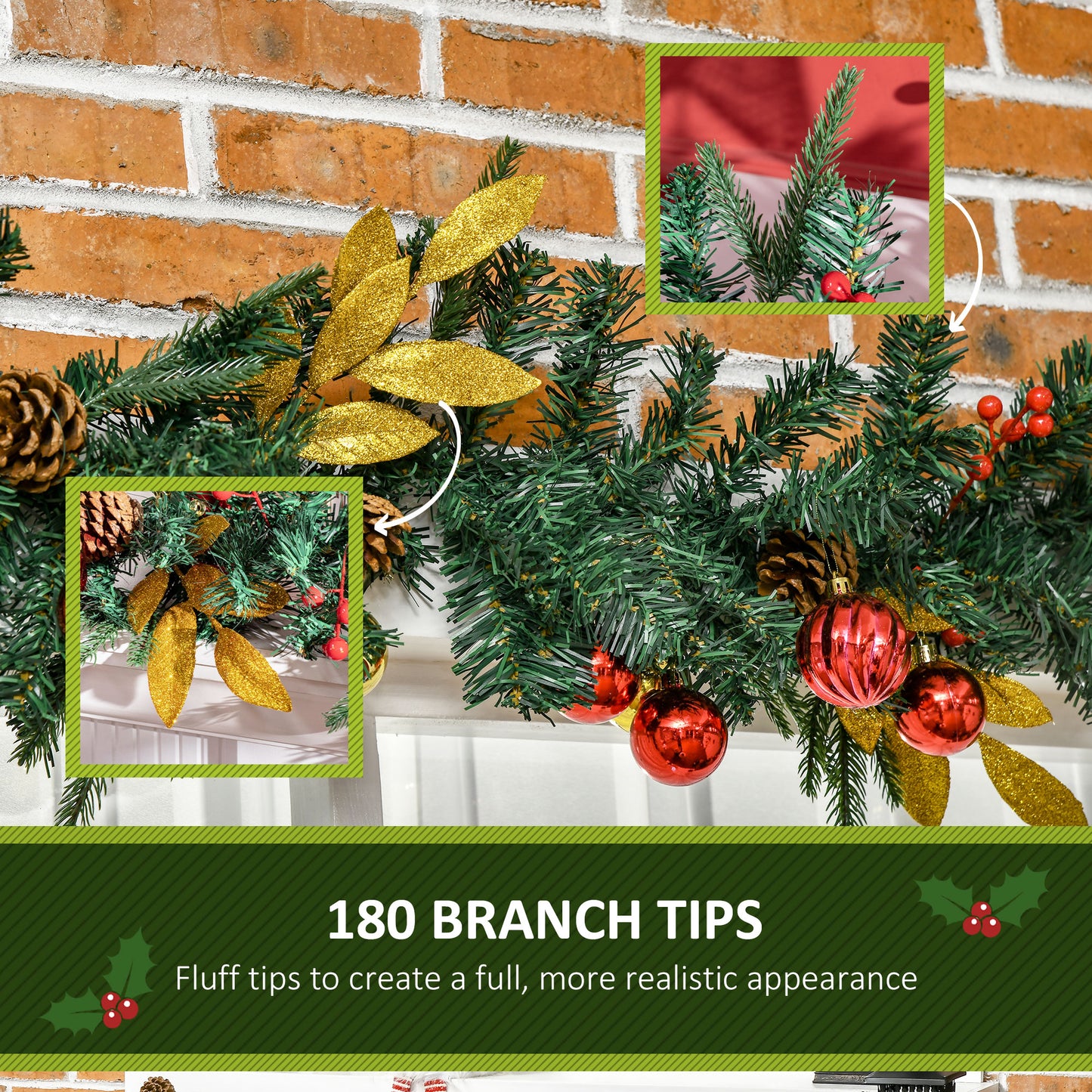 HOMCOM .7M Artificial Christmas Garland w/ Pine Cones Decorations Seasonal Style Beauty Home Fireplace Doors