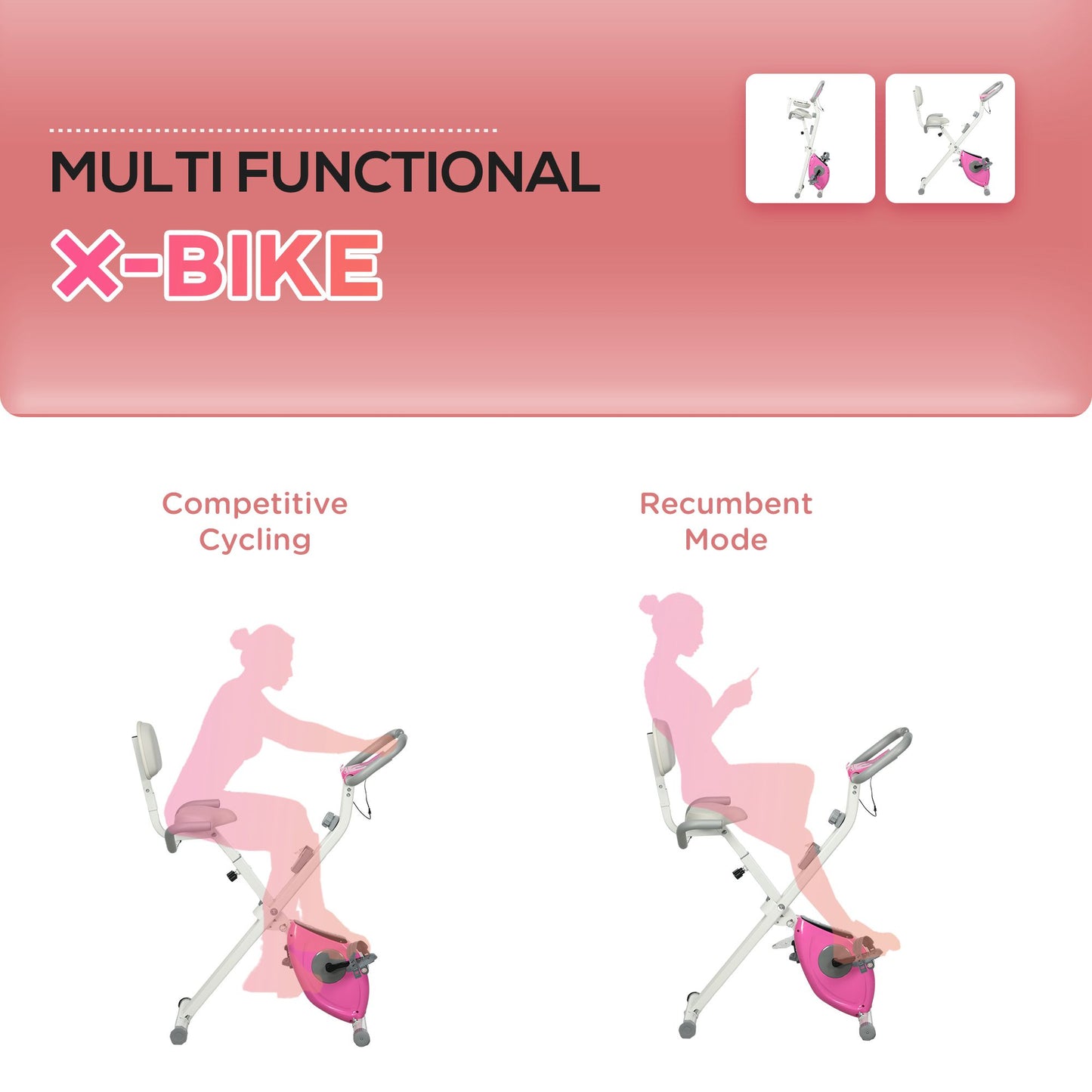 HOMCOM olding Exercise Bike, with Adjustable Magnetic Resistance, Seat Height - White and Pink